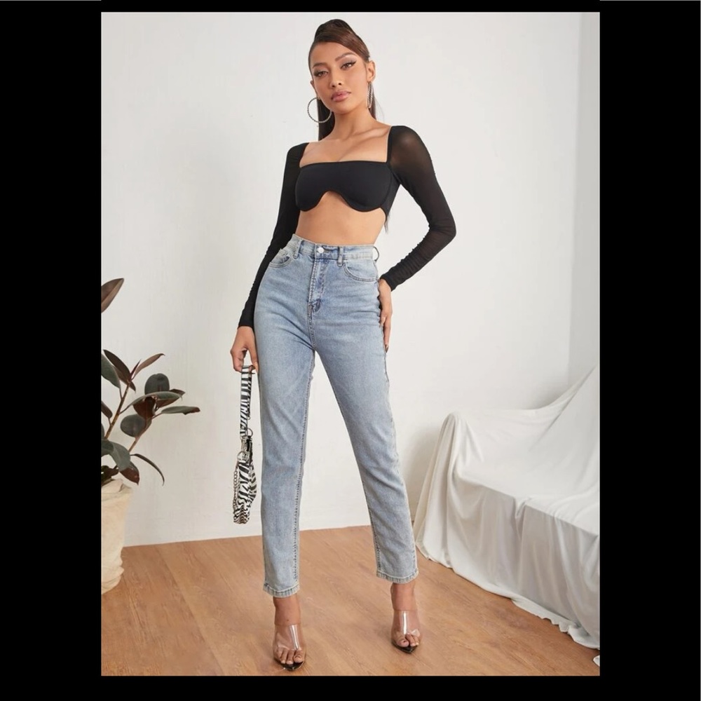 Square neck bustier style crop top mesh sleeve XS petite